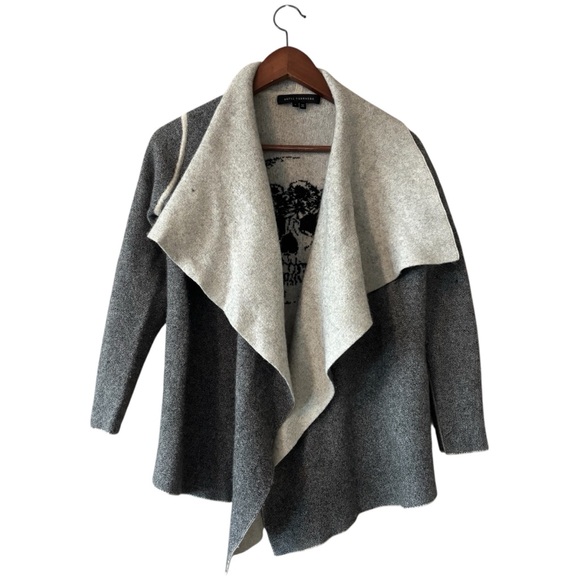 Skull Cashmere Sweaters - Skull Cashmere Cardigan Sweater S Gray and Cream Long Sleeve Open Front Wool